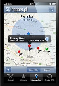 Die App SkiRaport informiert über Polens Skigebiete; Screenshot skiraport.pl